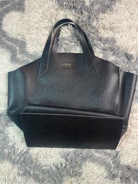 Furla Jucca Black  Leather Tote Bag Structured Top Handle Satchel Italy